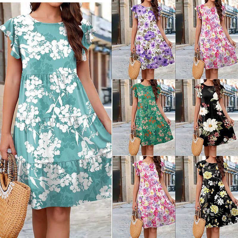 Ruffle Sleeve Dress Summer Loose Flower Print Beach Dresses Sweet Skirt Women - Jointcorp