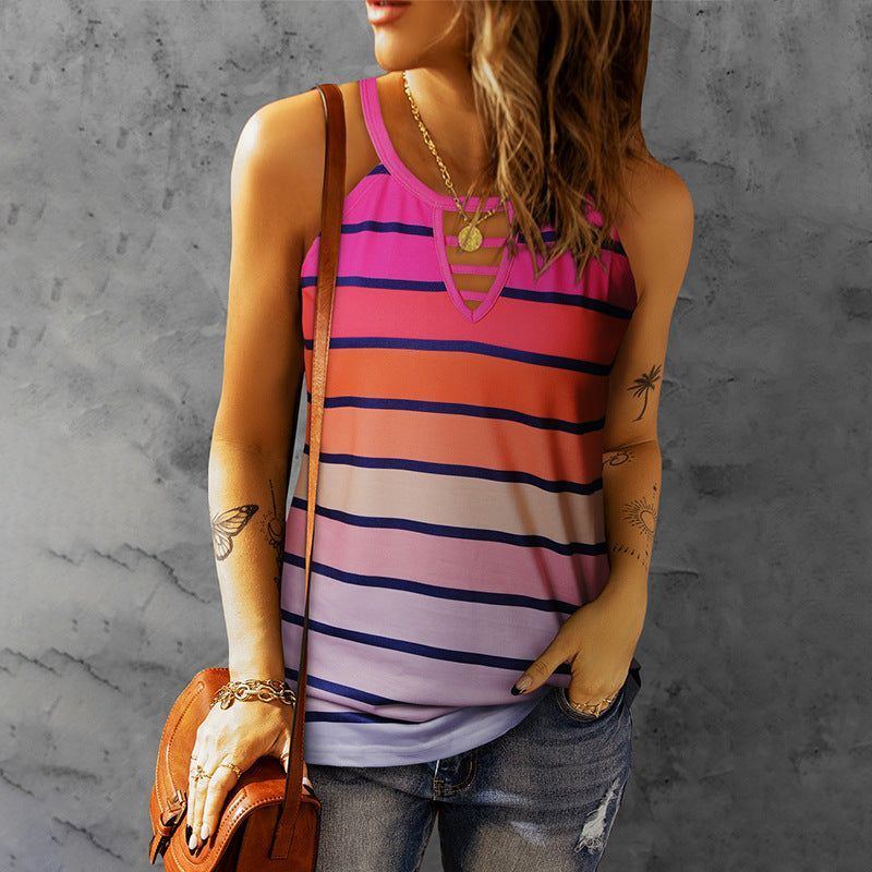 Clothing Summer Stripes Gradient Contrast Printed Top New Waist-tight Halterneck Vest - Jointcorp