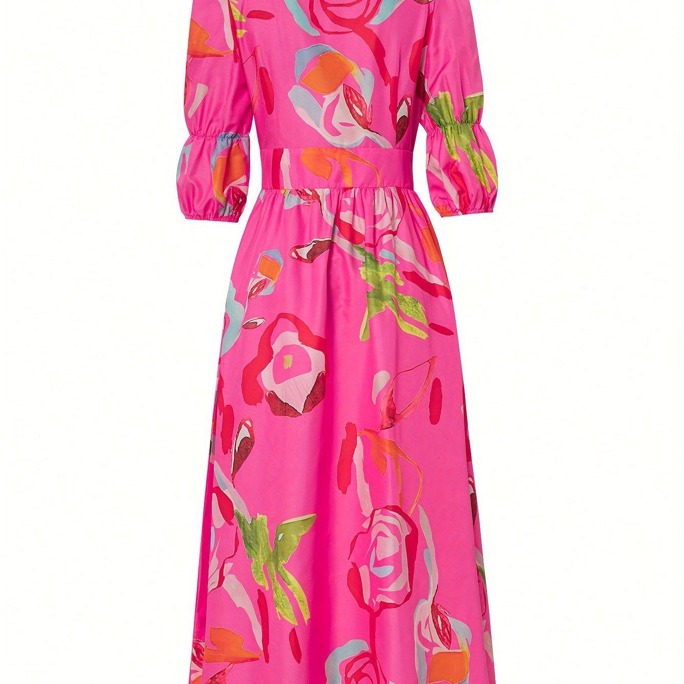 Allover Print V-neck Dress, Elegant Short Sleeve A-line Dress For Spring & Summer, Women's Clothing