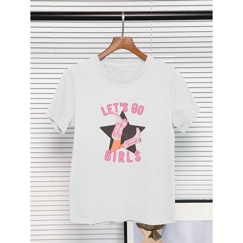 European And American Round Neck T-shirt 100 Cotton Denim Girl Boots Printing