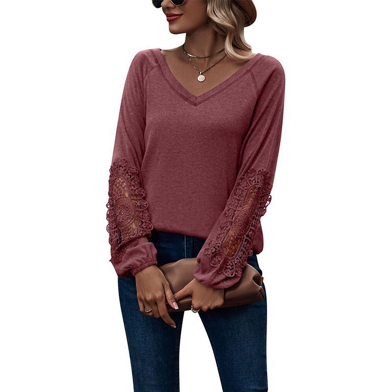Loose Casual V-neck Lace Lace Long-sleeved