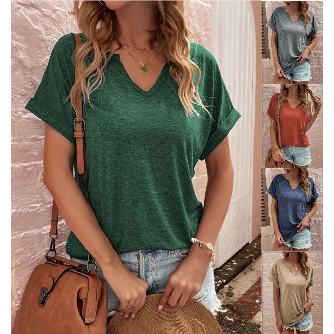 Women's New Solid Neckline Loose Short Sleeve T-shirt - Jointcorp