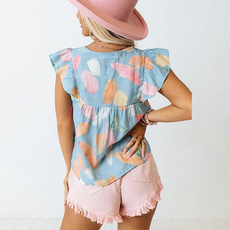Women's Abstract Printing V-neck Ruffled Sleeve Top - Jointcorp