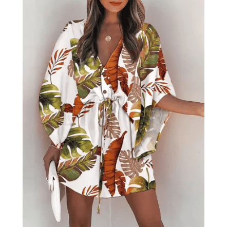 Women's V-Neck Tie Printed Beach Dress
