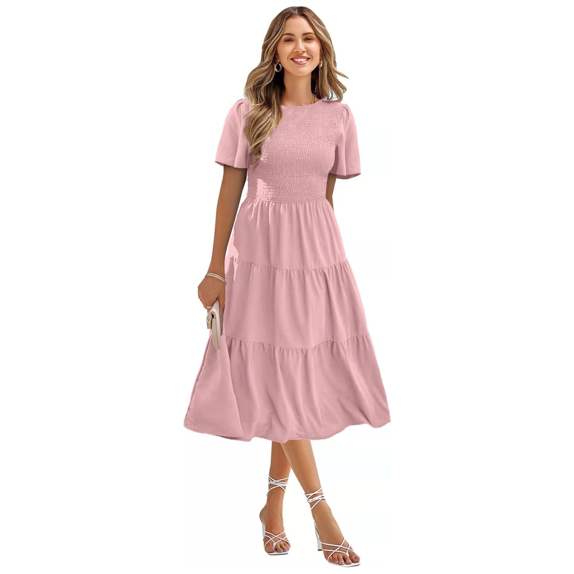 Women's Round Neck Smocked Short Sleeve Casual Dress Swing Flowy Ruffle Hem Mini Beach Summer Dresses - Jointcorp