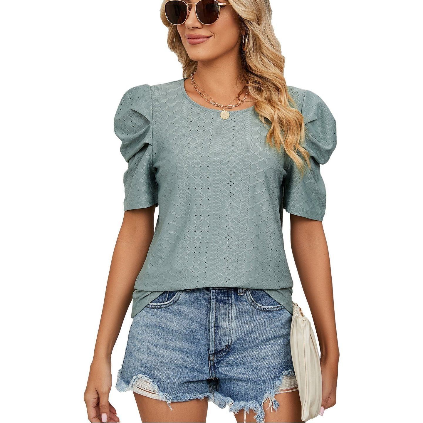 New Solid Color Round Neck Pleated Oversleeves Loose-fitting T-shirt Top Women - Jointcorp