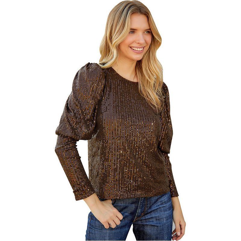 Brown Elegant Sequined Gigot Sleeve Top For Women