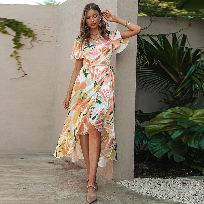 Printed Single Puff Sleeve Mid-waist Cotton Yellow Long Skirt - Jointcorp