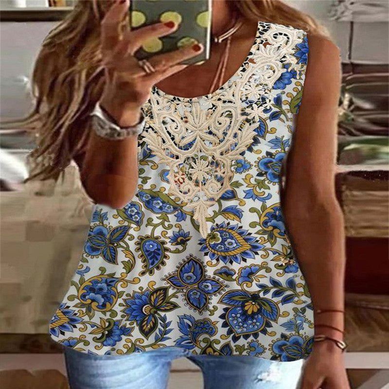 New Vintage Print Sleeveless Lace U-neck Vest Women's Top