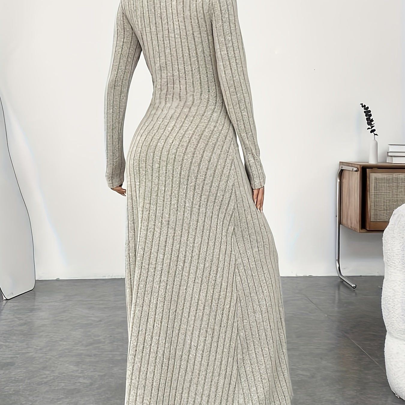 Solid Color Turtle Neck Ribbed Dress, Elegant Long Sleeve Flared Maxi Dress For Spring & Fall, Women's Clothing