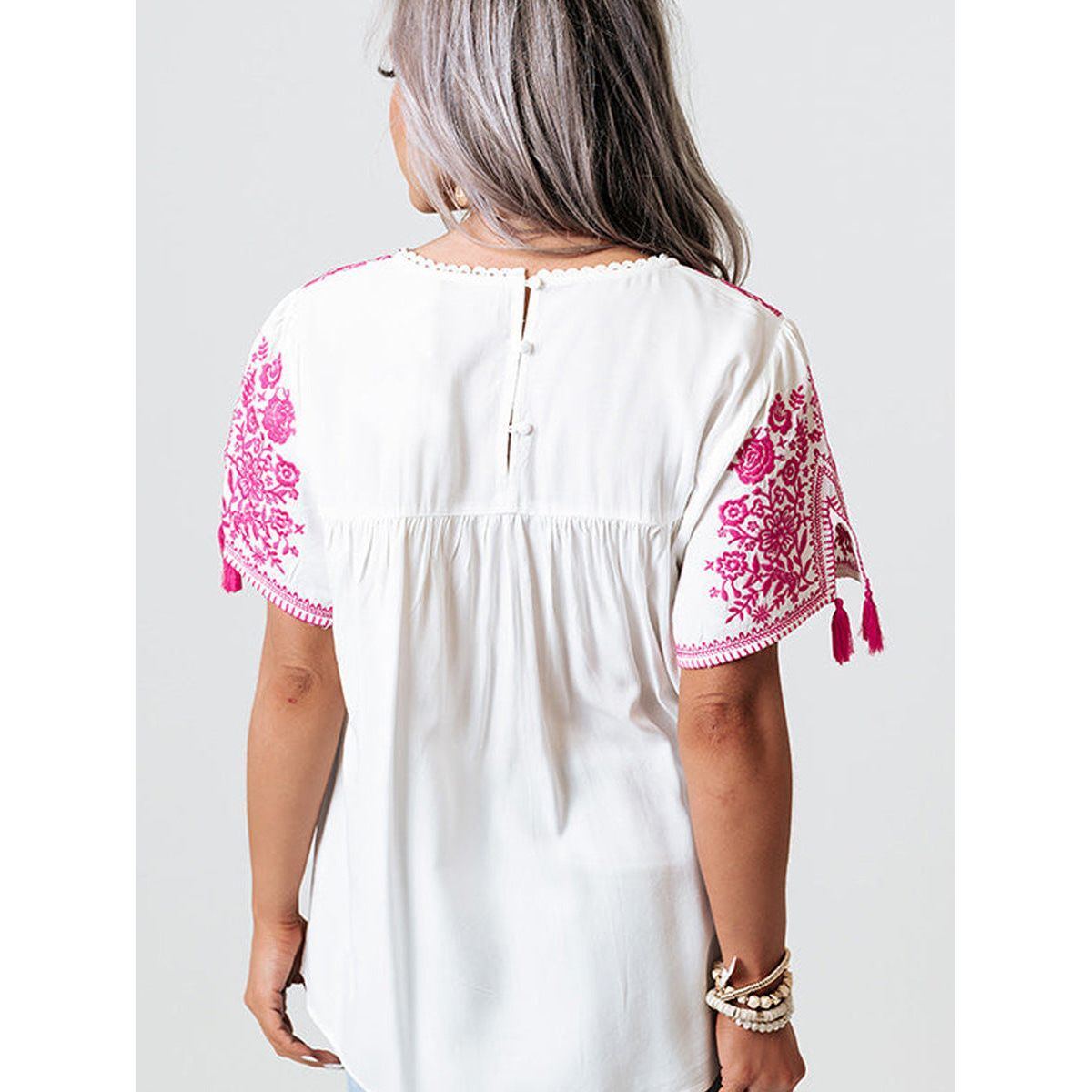 Embroidered Top Women's Short Sleeve Tassel Decoration