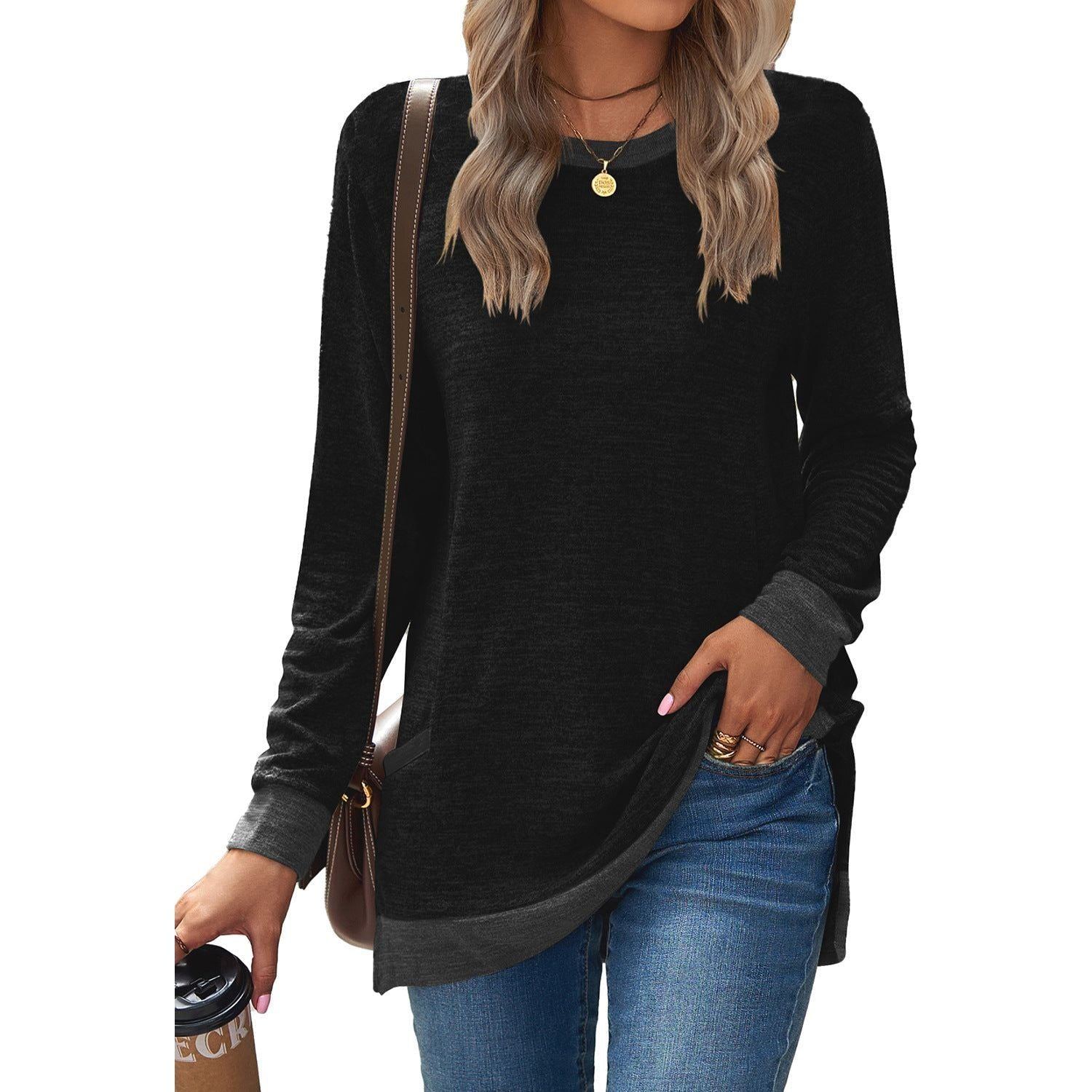 Round Neck Multicolor Pocket Long Sleeve Pullover Top Loose-fitting Casual T-shirt