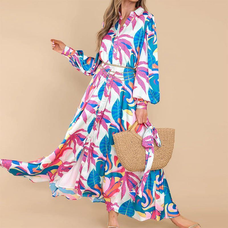 New Printed Dresses Long-sleeved Polo Collar Oversized Hem Dresses Women - Jointcorp
