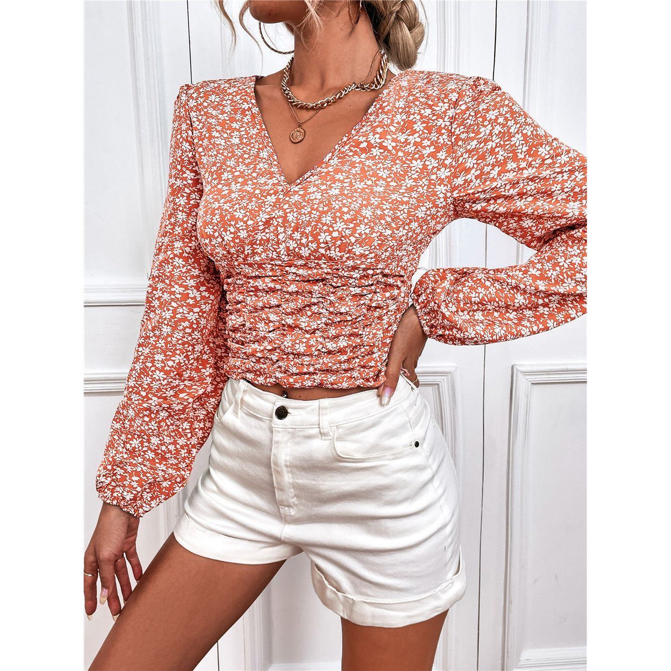 Long Sleeve V Neck Floral Top T Shirt Women