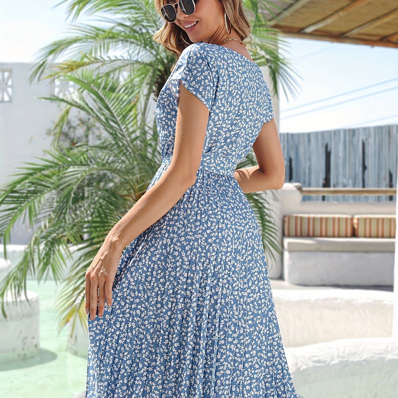 Floral Print Pleated Belted Dress, Elegant Short Sleeve Dress For Spring & Summer, Women's Clothing