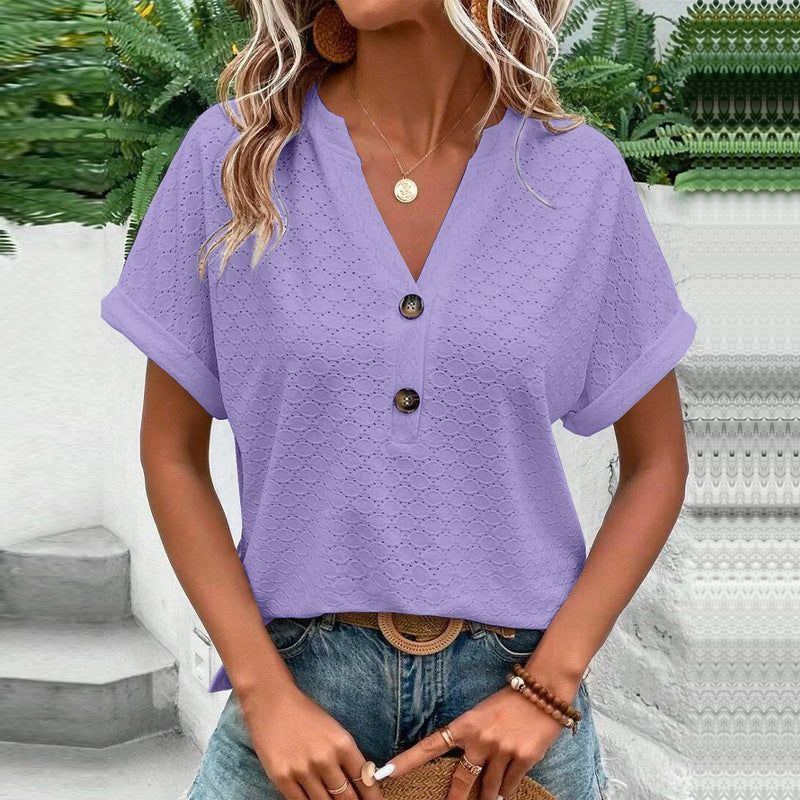 Women's Fashion Casual Solid Color Buttons V-neck T-shirt Women - Jointcorp