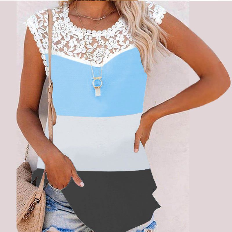 Summer Print Crew Neck Lace Trim Casual Loose Women's Tank Top - Jointcorp