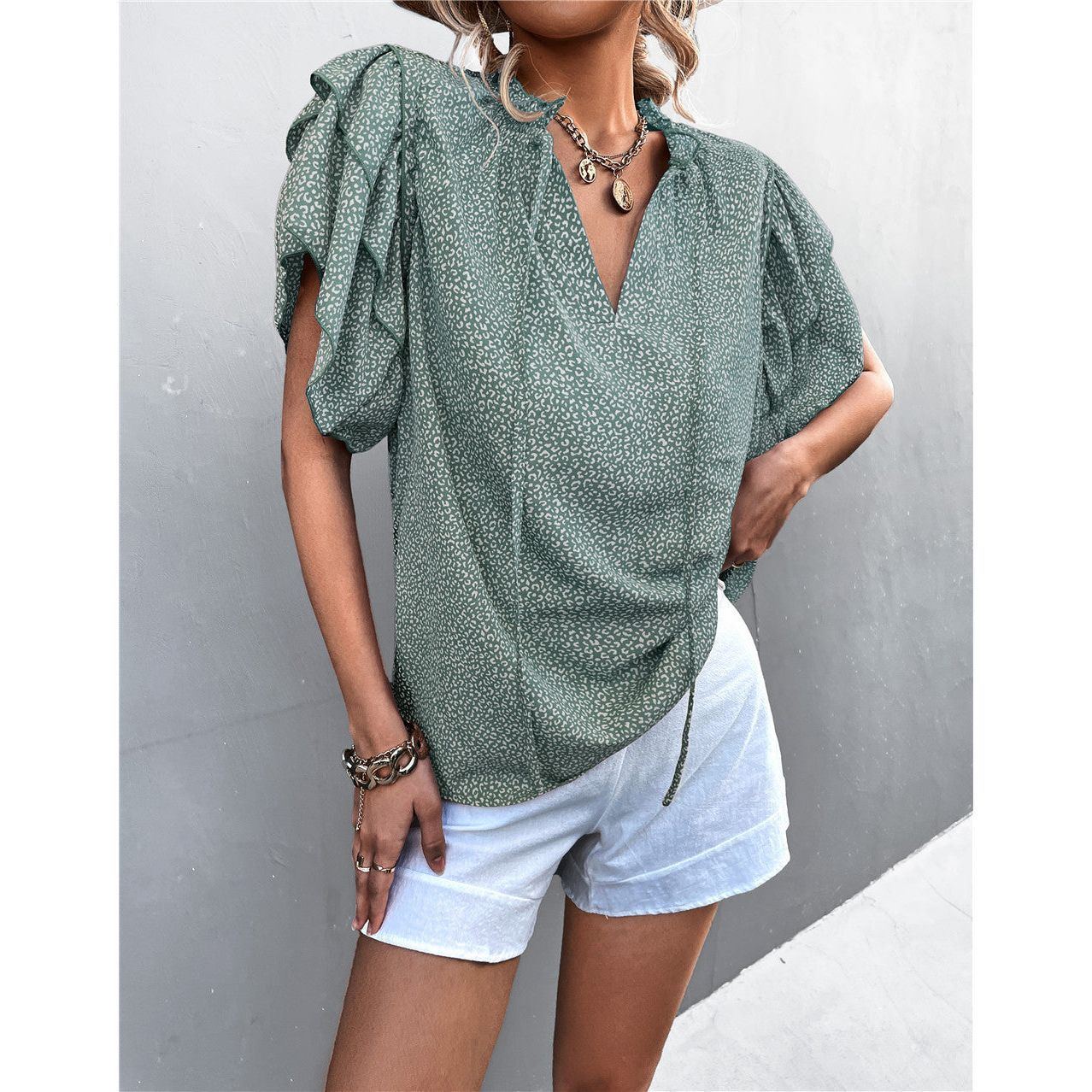 Tied V-neck Leopard Print Top Casual T-shirt - Jointcorp