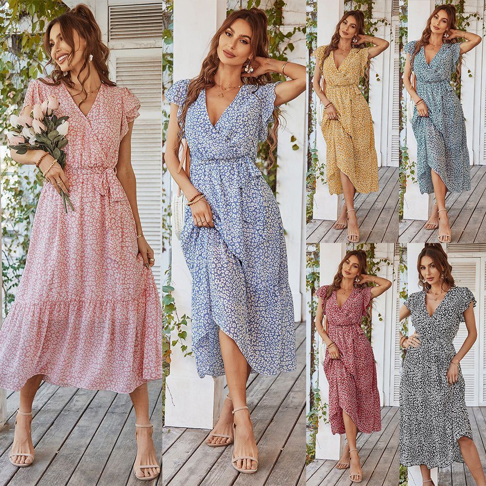 Summer Dresses Ruffle Cap Sleeve V Neck Belt Wrap Split Boho Floral Long Casual Party Beach Dress - Jointcorp