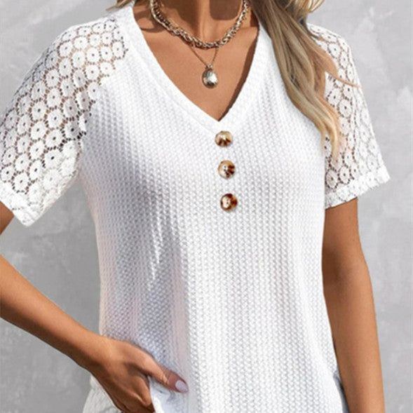 New Women's Solid Color Ruffled Short Sleeves V-neck Casual T-shirt - Jointcorp