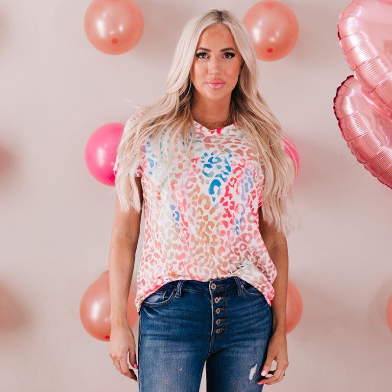 Leopard Print Contrast Color T-shirt Women's Pullover Top