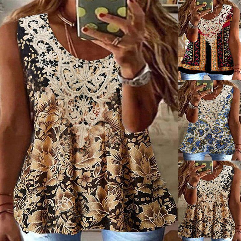 New Vintage Print Sleeveless Lace U-neck Vest Women's Top