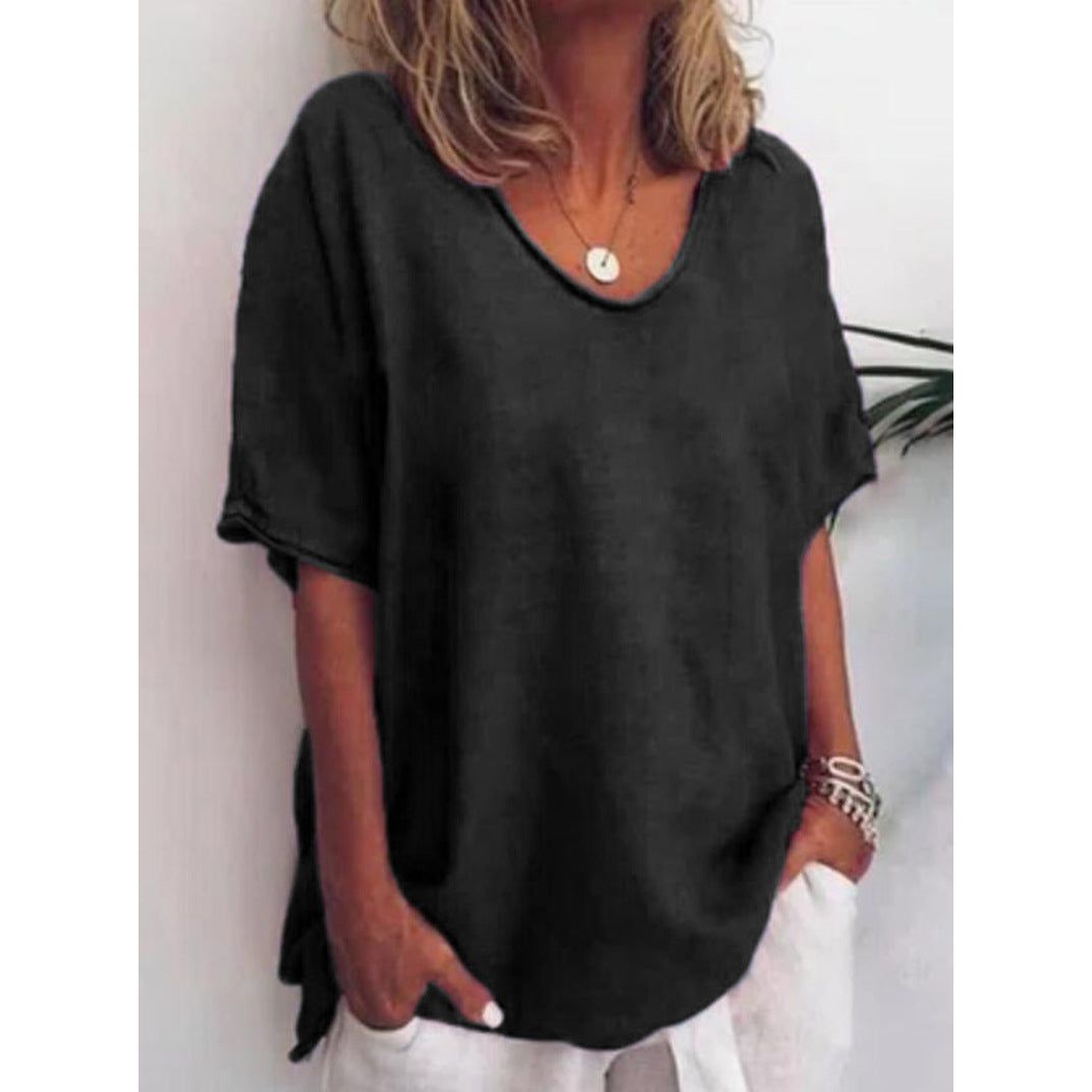 Cotton And Linen Solid Color Short-sleeved T-shirt Women's Casual Coat