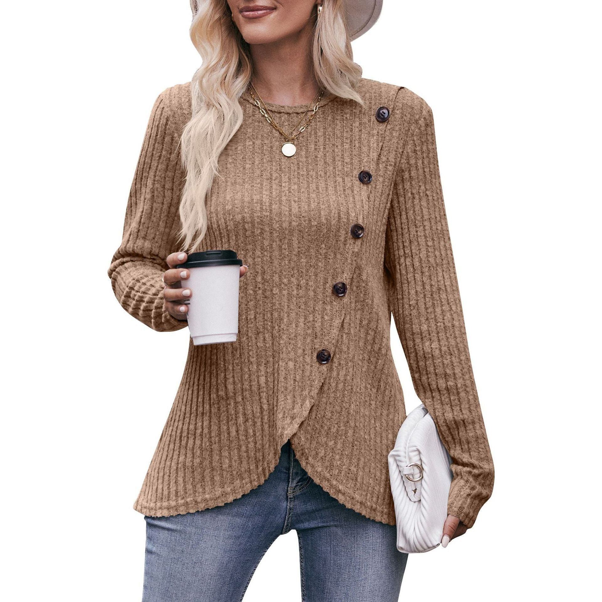 Women's Round-neck Sunken Stripe Brushed Tulip Hem Solid Color Button T-shirt