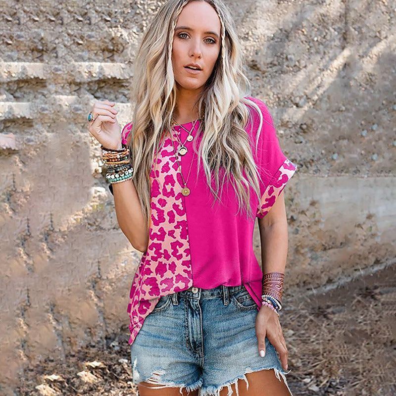 Leopard Print Contrast Color Printed Pullover Women New Fashion Round Neck Loose Short Sleeve T-shirt Women - Jointcorp