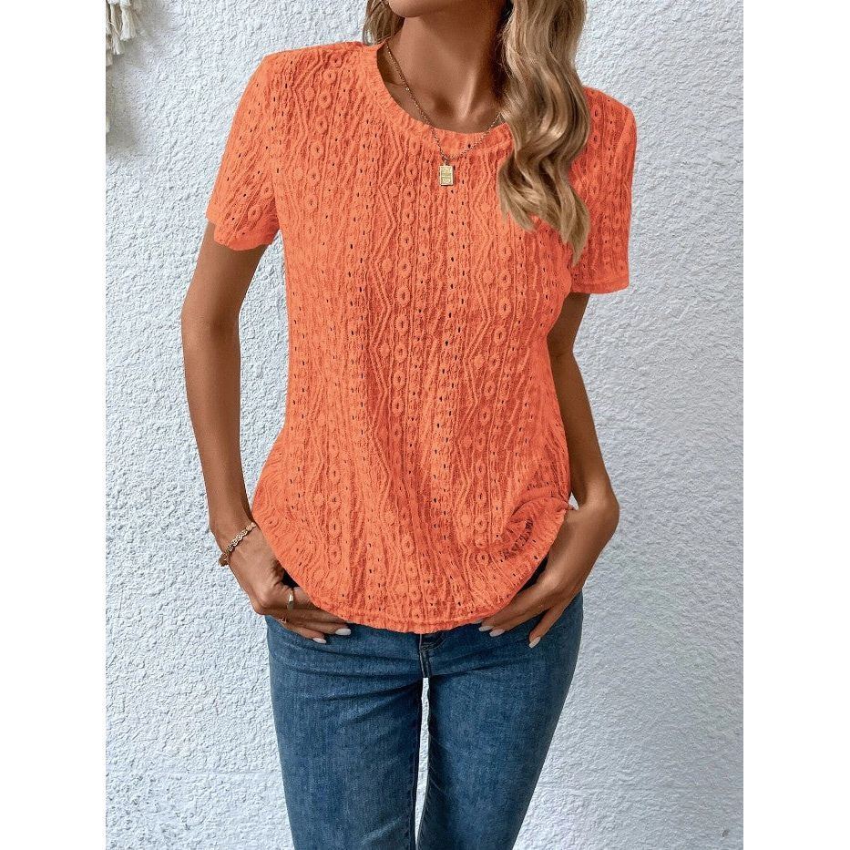 Hollowed Leisure Solid Color Round Neck T-shirt For Women