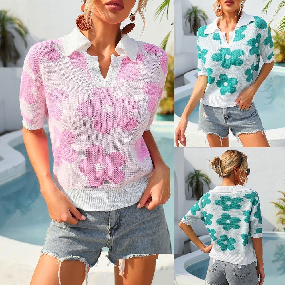 Summer New Women's Trending Unique Lapel Flower Print Short Sleeve - Jointcorp