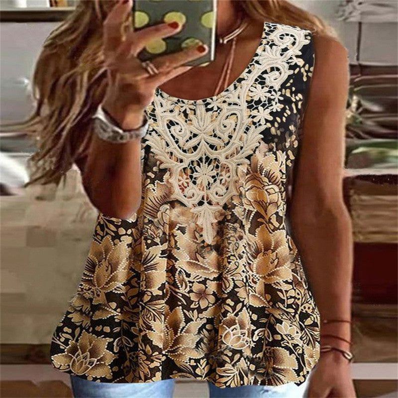New Vintage Print Sleeveless Lace U-neck Vest Women's Top