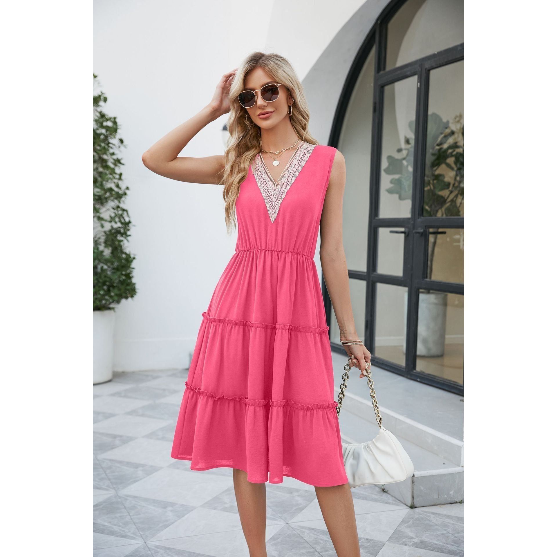 V-neck Dresses Women Sleeveless Pleated Ruffle Elegant Dress Beach Summer - Jointcorp