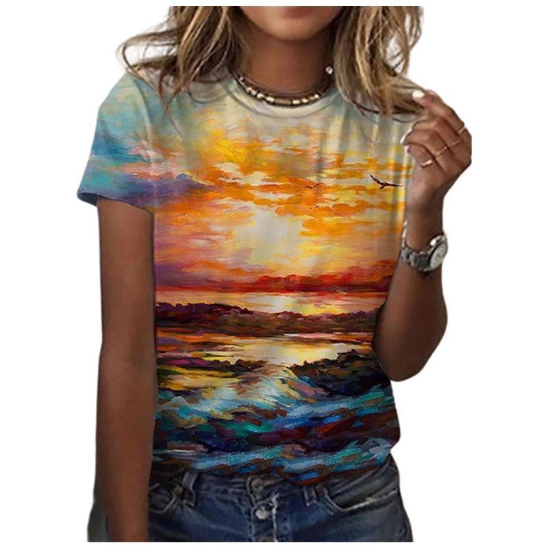 European And American Round Neck Printed Pullover Loose Large Size Short Sleeve