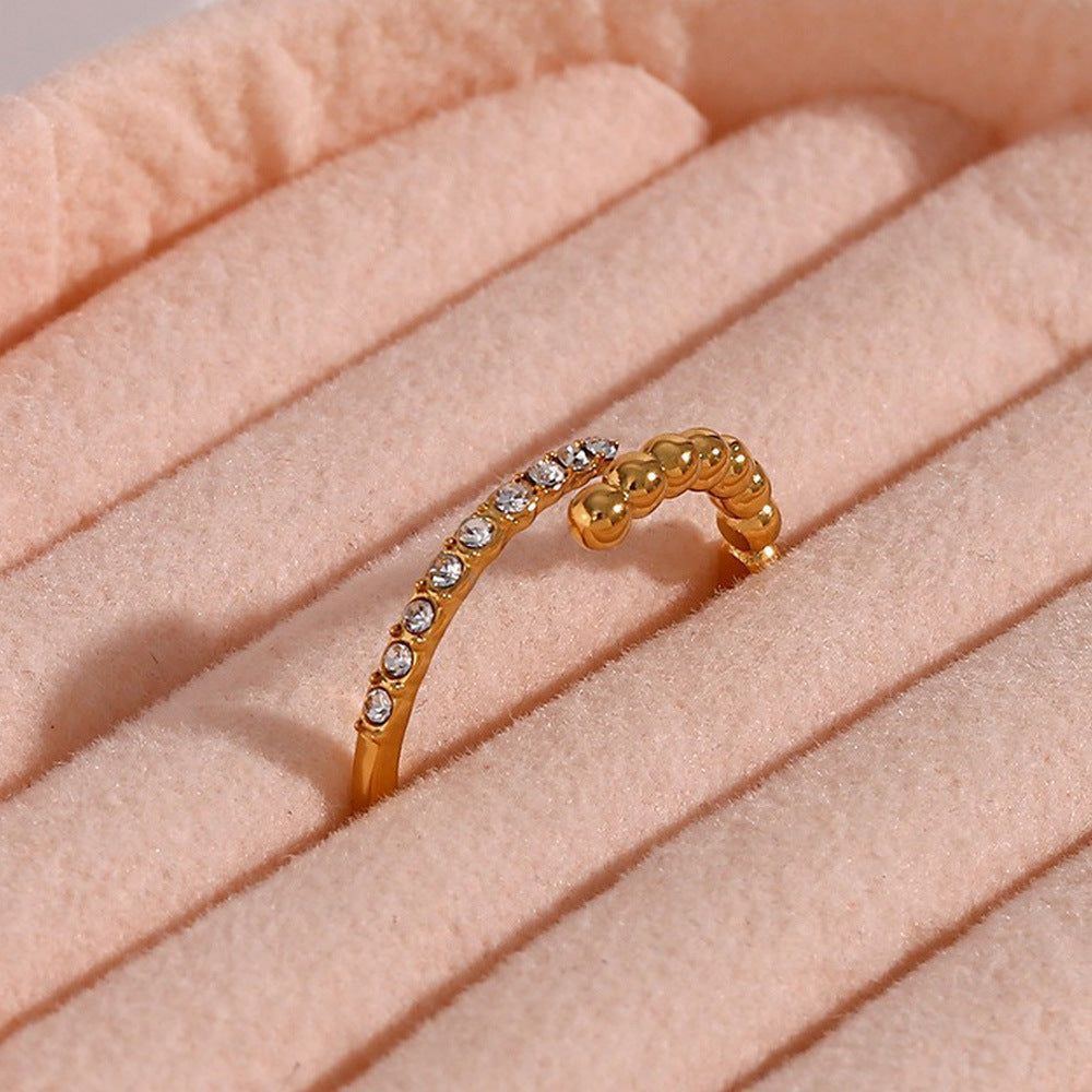 Women's Stainless Steel Asymmetric Beads Open-end Zircon Ring - Jointcorp