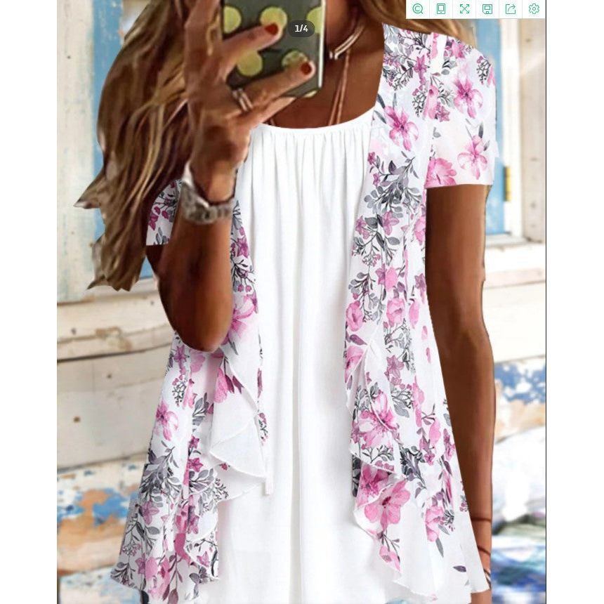 Round Neck Floral Casual Style Tunic Top