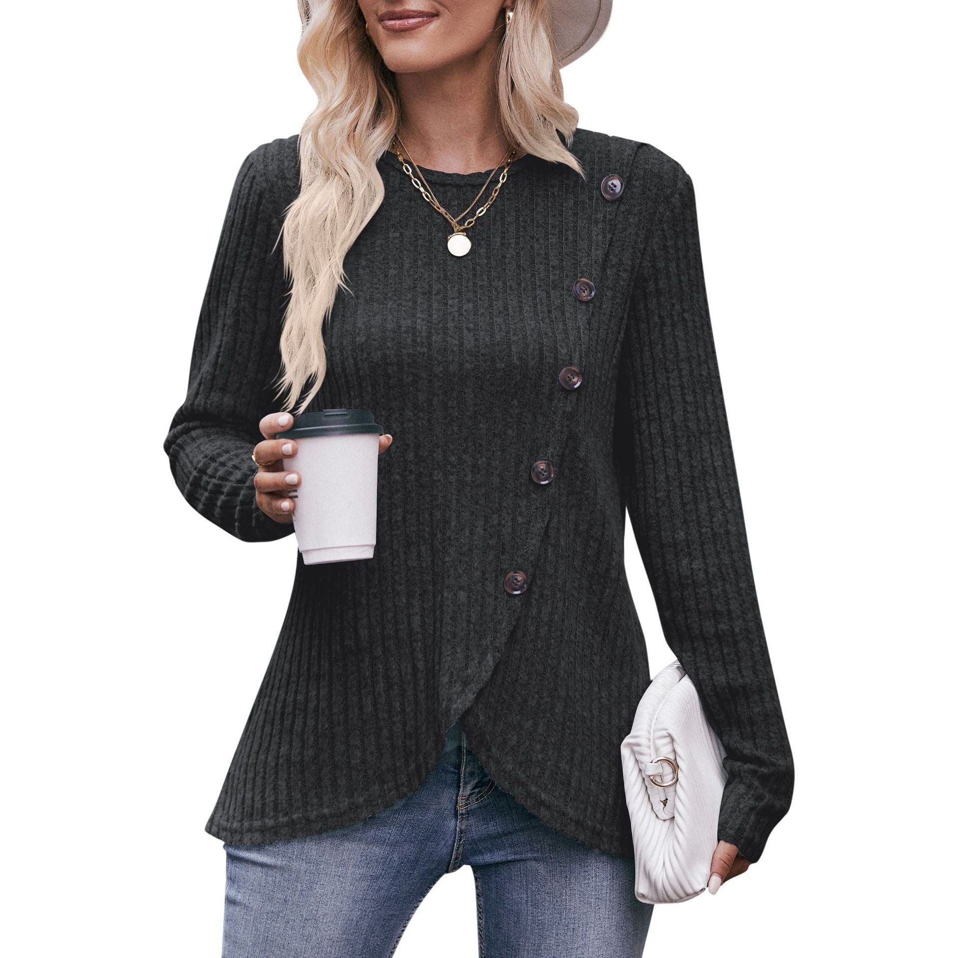 Women's Round-neck Sunken Stripe Brushed Tulip Hem Solid Color Button T-shirt