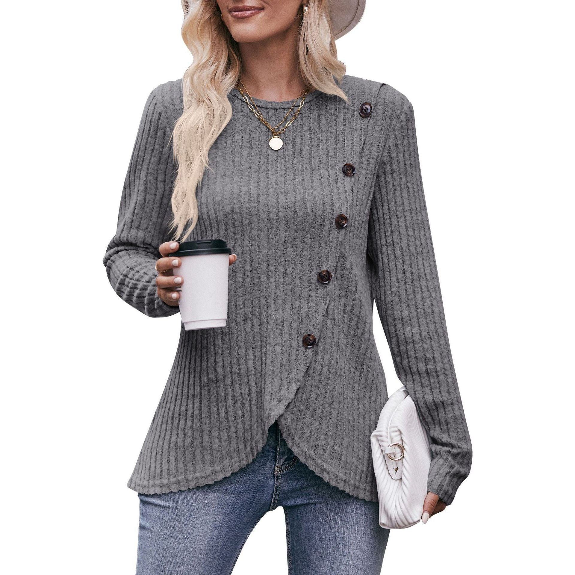 Women's Round-neck Sunken Stripe Brushed Tulip Hem Solid Color Button T-shirt