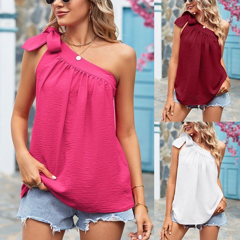 Cross-border European And American Women's Clothing Shoulder Lace-up Bow Top One-shoulder Vest - Jointcorp