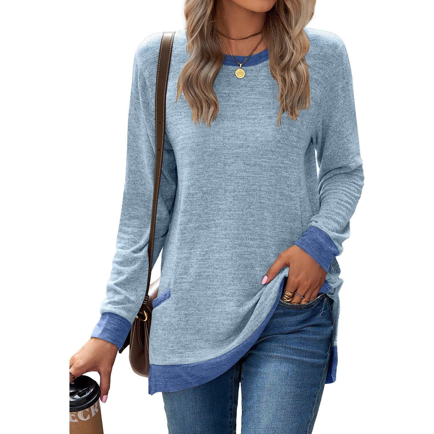 Round Neck Multicolor Pocket Long Sleeve Pullover Top Loose-fitting Casual T-shirt