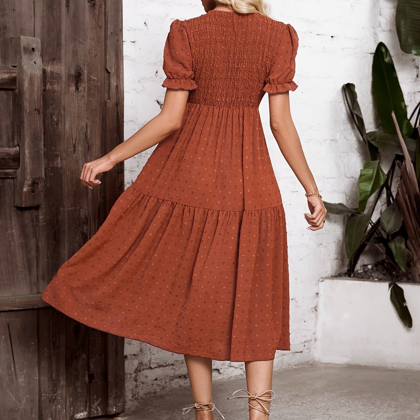Shirred Ruffle Hem Dress, Elegant Short Sleeve Dress For Spring & Summer, Women's Clothing Wedding graduation engagement occasion ceremony party holiday vacation birthday