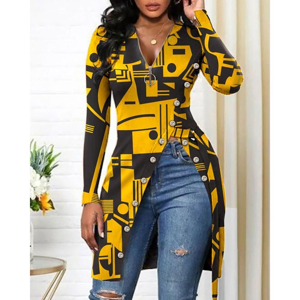 European And American V-neck Long Sleeve High Slit Printed T-shirt