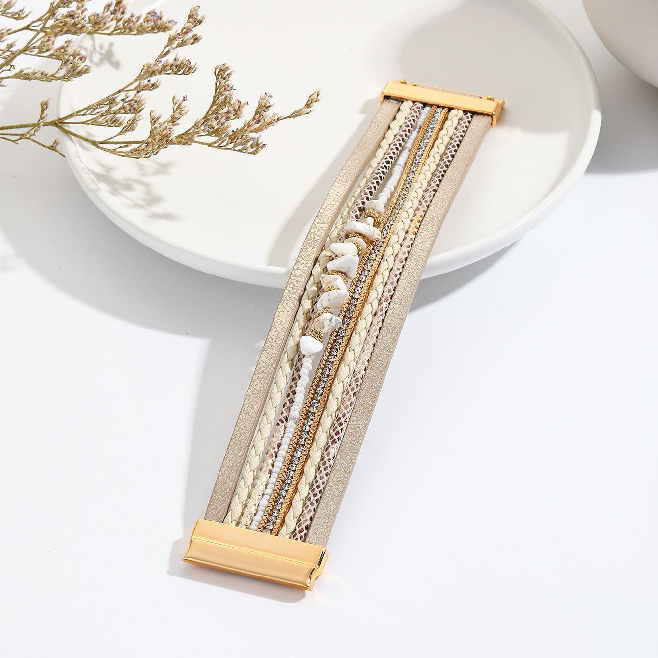 Irregular Turquoise Design Wide-brimmed Leather Bracelet Creative Rhinestone-encrusted - Jointcorp