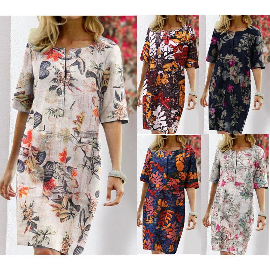 Vintage Dress Women Summer Floral Leaf Print Slit Round Neck Half Sleeve Dresses - Jointcorp