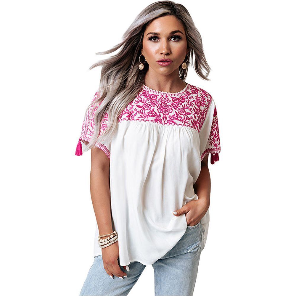 Embroidered Top Women's Short Sleeve Tassel Decoration