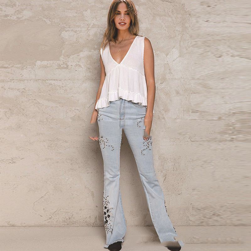 Deep V-neck Sleeveless Top Loose Casual Women's Ruffled Stitching Vest