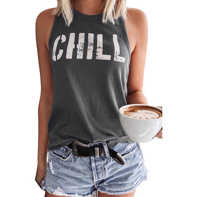 Summer Loose Round Neck Pullover Letter Print Sleeveless Outerwear Top