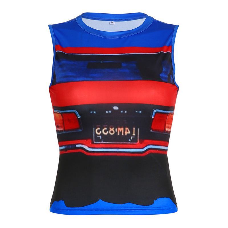 Street Cool Motorcycle Hot Girl Style Irregular Color Matching Printing Slim Fit Sleeveless Vest - Jointcorp