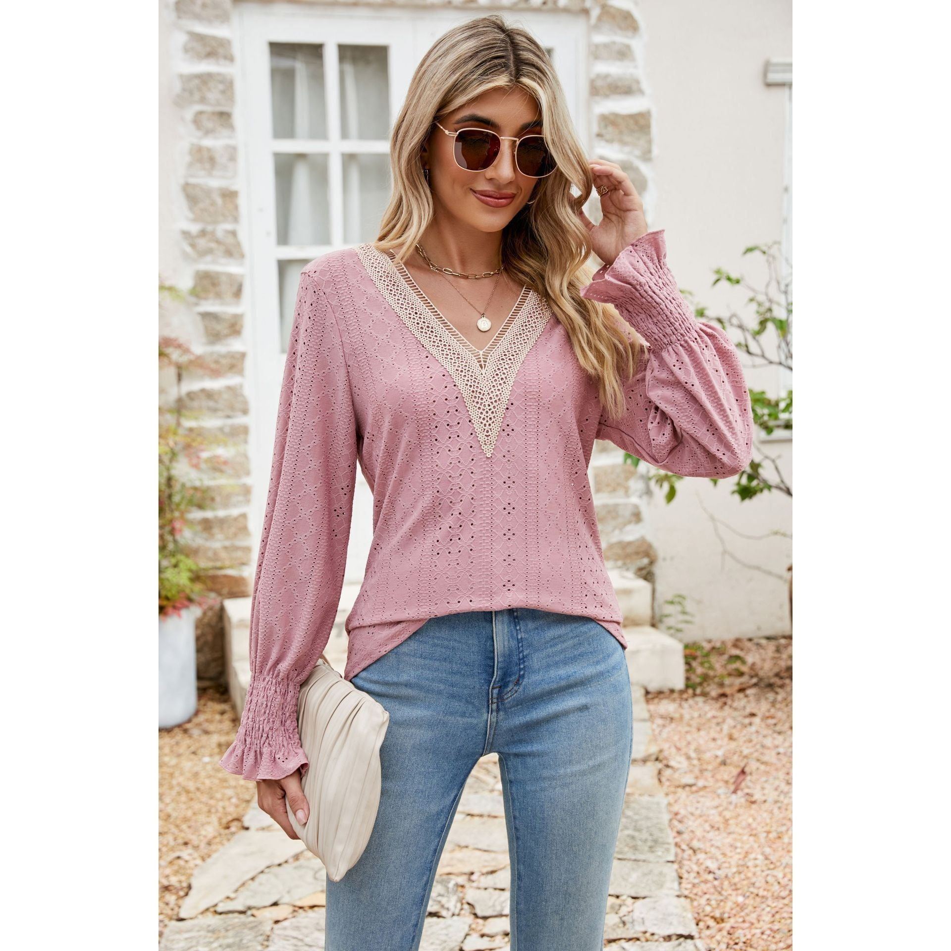 Solid Color Lace V-neck Patchwork Long Sleeve Loose-fitting T-shirt Top