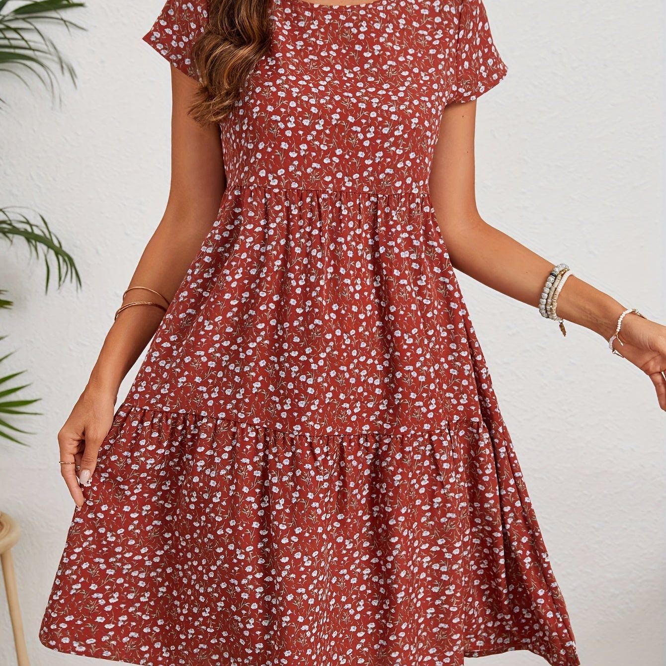 Floral Print Crew Neck Dress, Vintage Short Sleeve Dress For Spring & Summer, Women's Clothing